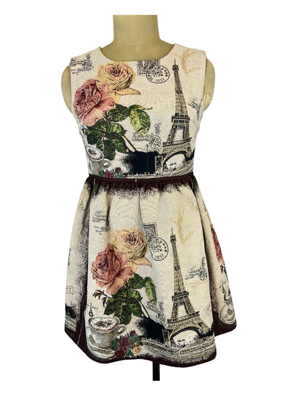 Leiopo Tapestry Mini Dress with Paris Floral Print in Cream and Pink